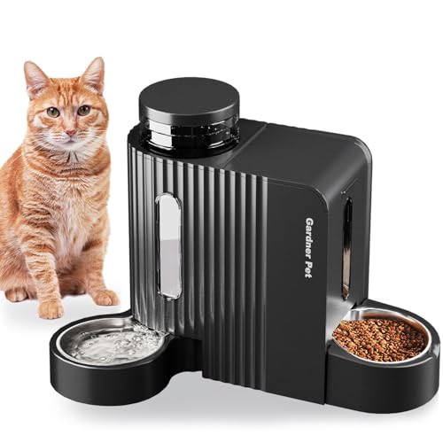 Gardner Pet Automatischer Futterspender für Katzen/Hunde 2 Näpfe(3L*2), Futterautomat Katze und Wasserspender Hund mit Edelstahlschüssel, Ohne Strom, BPA Frei, Gravitation Katzenfutter Automat Schwarz von Gardner Pet
