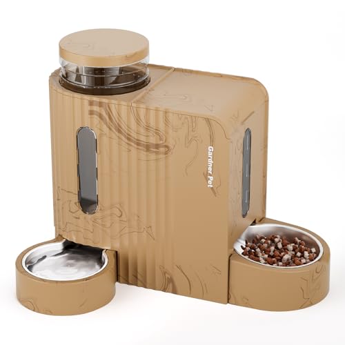 Gardner Pet Automatischer Futterspender für Katzen/Hunde 2 Näpfe(3L*2), Futterautomat Katze und Wasserspender Hund mit Edelstahlschüssel, Ohne Strom, BPA Frei, Helle Holzmaserung von Gardner Pet
