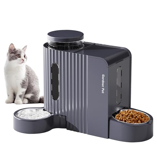 Gardner Pet Automatischer Futterspender für Katzen/Hunde 2 Näpfe(6L*2), Futterautomat Katze und Wasserspender Hund mit Edelstahlschüssel, Ohne Strom, BPA Frei, Gravitation Katzenfutter Automat (Grau) von Gardner Pet