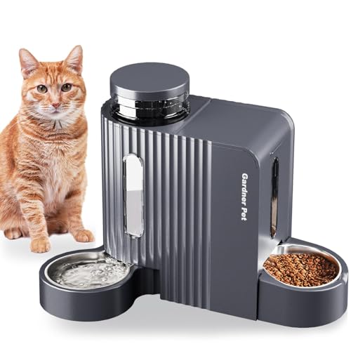 Gardner Pet Automatischer Futterspender für Katzen/Hunde 2 Näpfe(3L*2), Futterautomat Katze und Wasserspender Hund mit Edelstahlschüssel, Ohne Strom, BPA Frei, Gravitation Katzenfutter Automat (Grau) von Gardner Pet