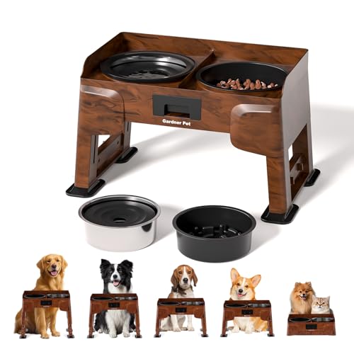 Gardner Pet Erhöhter Hundenapf, 2-in-1 Auslaufsicher Wassernapf & Langsamfutternapf mit Höhenverstellbarer Napfständer, 5 Höhen Rutschfester Futternapf für Kleine Mittlere Große Hunde von Gardner Pet