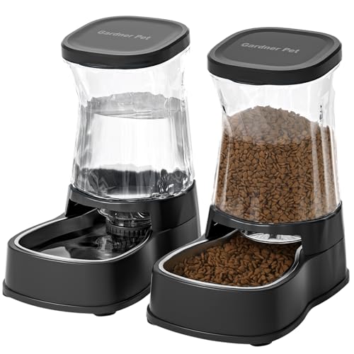 Gardner Pet Futter- und Wasserspender Satz (3.85L*2), Automatischer Futterautomat Katze mit Edelstahlschüssel, Gravitation Wasserspender Katzen Kein Strom Erforderlich, BPA Frei, Schwarz von Gardner Pet