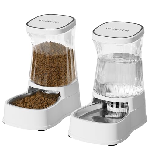 Gardner Pet Futter- und Wasserspender Satz (3.85L*2), Automatischer Futterautomat Katze mit Edelstahlschüssel, Gravitation Wasserspender Katzen Kein Strom Erforderlich, BPA Frei, Weiß von Gardner Pet