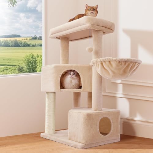 Gardner Pet Katzenbaum, Kratzbaum groß, 105 cm Kletterbaum Aktivitätskratzbaum mit Kratzsäule, Plattform, 2 Höhlen, Korb für Katzen, platzsparende Katzenmöbel für Wohnungen, Beige von Gardner Pet