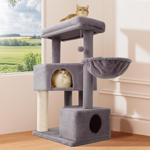 Gardner Pet Katzenbaum, Kratzbaum groß, 105 cm Kletterbaum Aktivitätskratzbaum mit Kratzsäule, Plattform, 2 Höhlen, Korb für Katzen, platzsparende Katzenmöbel für Wohnungen, Dunkelgrau von Gardner Pet