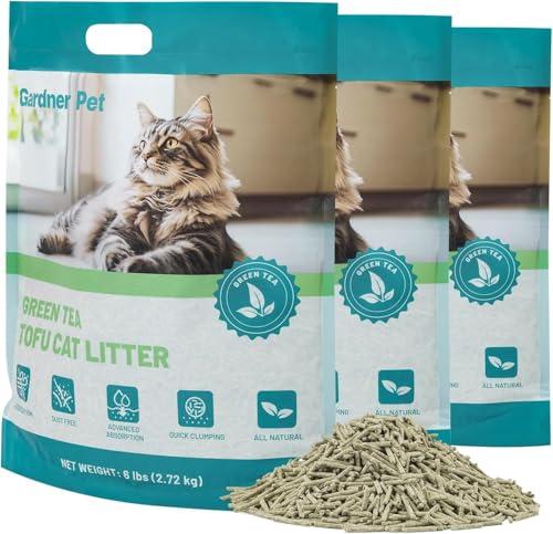 Gardner Pet Natürliche Tofu Katzenstreu 8.1 kg, Katzenstreu mit Grüntee-Extrakt, Staubfrei und schnell klumpend, Geruchskontrolle, spült in der Toilette für Haushalte mit Mehreren Katzen, 2.7 kg x 3 von Gardner Pet