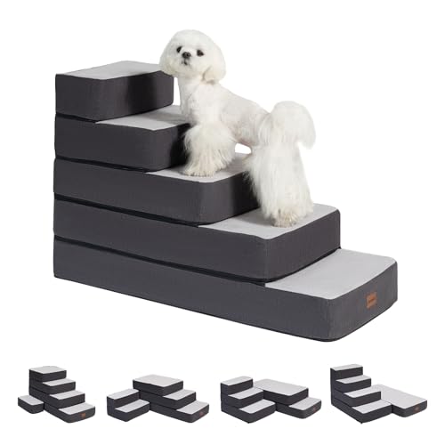 Garnpet 5-stufige verstellbare Hundetreppe für hohe Betten, Hundetreppe für kleine Hunde und Katzen, Faltbare Haustiertreppe zum Bettklettern, rutschfeste Haustierstufe Innenbereich, Grau von Garnpet