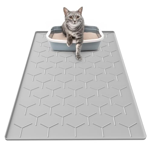 Garoopion Katzenklo Matte, 86x56cm Silikon Katzenstreu Matte Groß, Wasserdichte Katzenmatte Katzenklo Unterleger, Katzenstreumatte, Leicht zu Reinigen, Grau von Garoopion