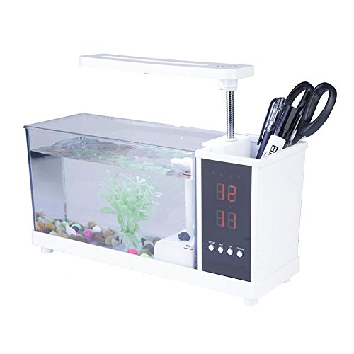 Garsent Kleines Aquarium aus Glas, multifunktional, USB wiederaufladbar, Mini-Aquarium, mit Uhrfunktion, LED-Licht. weiß von Garsent