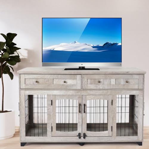 Hundekäfig-Möbel mit Schubladen, 147,3 cm, Holz-TV-Ständer, Möbel-Stil, Hundekäfig-Beistelltisch mit Stauraum, 2 Zimmer, Hundebox für große Rassen, Grau von GarveeHome