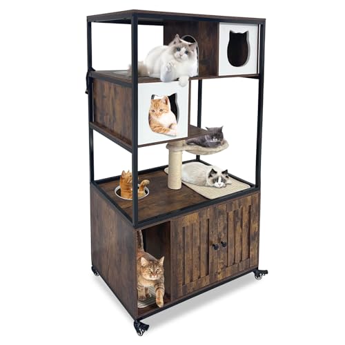 Kratzbaum mit Katzentoilette, 140 cm Höhe, Holz-Katzenturm Schrank mit Rädern, Hundesichere Ecke, versteckte Katzentoilette mit Höhle, Hängematte und Kratzbaum, Retrobraun von GarveeHome