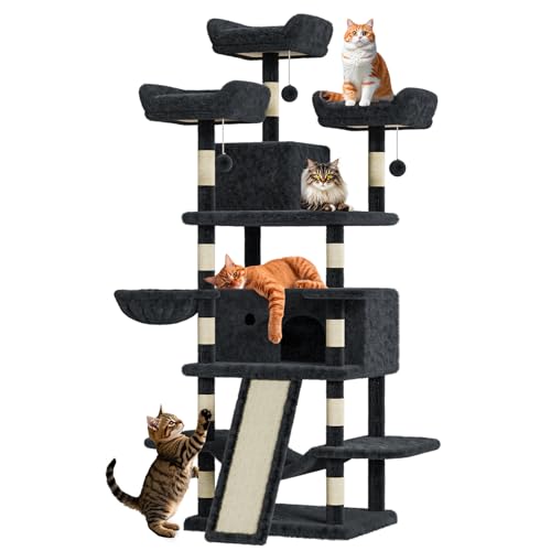 #2601 Kratzbaum für Indoor-Katzen, mehrstöckig, groß, robust, für große Katzen, mit 2 Höhlen, Plüsch-Sitzstangen, Sisal-Kratzstämme, Hängematten, Korb, baumelnde Bälle, 172 cm, Dunkelgrau von GarveeLife