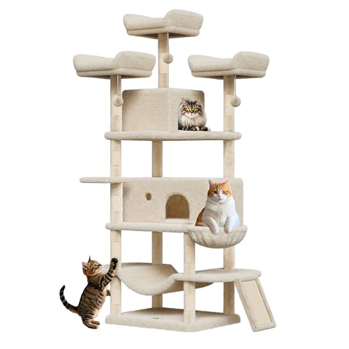 #2604 Kratzbaum für Indoor-Katzen, groß, für Erwachsene, robust, für große Katzen, mit 2 Höhlen, Plüsch-Sitzstangen, Sisal-Kratzstämme, Hängematten, Korb, baumelnde Bälle, 172 cm, Beige von GarveeLife