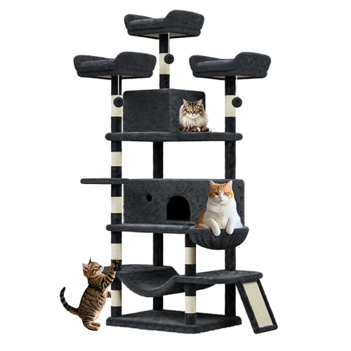 #2604 Kratzbaum für Indoor-Katzen, mehrstöckig, groß, robust, für große Katzen, mit 2 Höhlen, Plüsch-Sitzstangen, Sisal-Kratzstämme, Hängematten, Korb, baumelnde Bälle, 172 cm, Dunkelgrau von GarveeLife