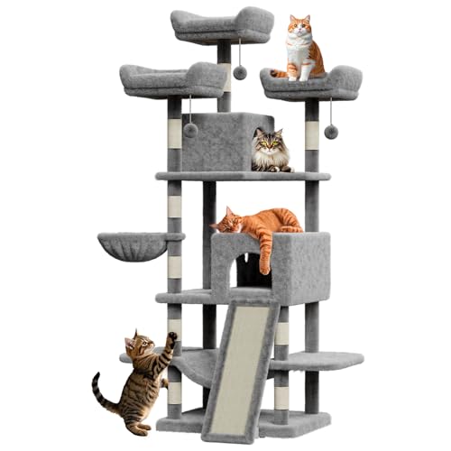 #2605 Kratzbaum für Indoor-Katzen, großer Erwachsener, robuster Katzenturm für große Katzen mit 2 Höhlen/Plüsch-Sitzstangen, Sisal-Kratzstämme, Hängematten, Korb, baumelnde Bälle, 172 cm, Hellgrau von GarveeLife