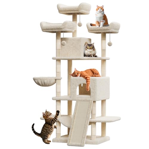 #2605 Kratzbaum für Indoor-Katzen, großer Erwachsener, robuster Katzenturm für große Katzen mit 2 Höhlen/Plüsch-Sitzstangen, Sisal-Kratzstämme, Hängematten, Korb, baumelnde Bälle, 172 cm, Beige von GarveeLife