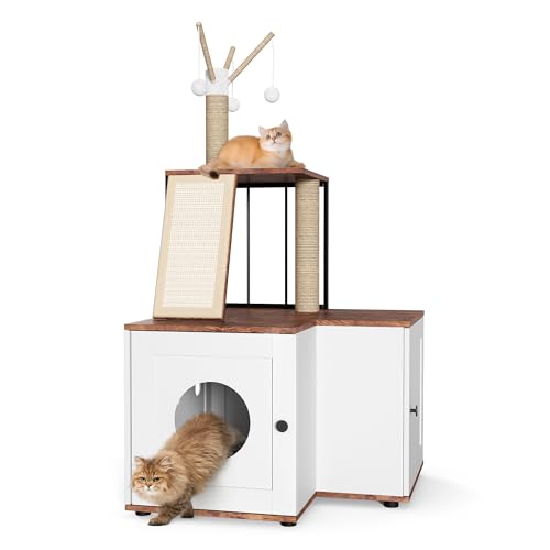 Katzenklo Gehege mit Aufbewahrungsschrank, Holz L-förmige Ecke Katzenhaus Haustiermöbel mit Kratzpfosten, Spielbällen und Spielbereich von GarveeLife