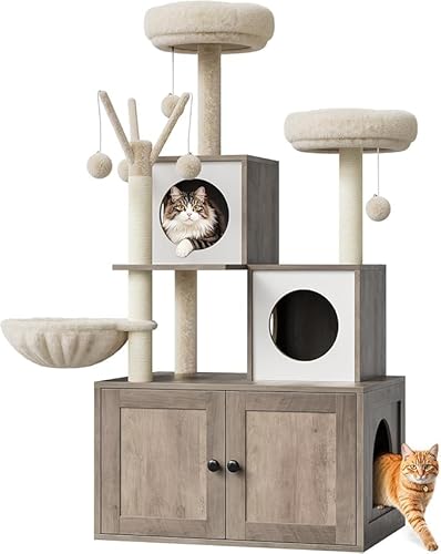 Katzenbaum mit Katzentoilette, Schrank für Katzen mit Kratzsäule aus Sisal und Sitzstange aus Plüsch, Möbel aus Holz für Katzen mit mehreren Plattformen, 140 x 78 x 48 cm, Grau von GarveeMore