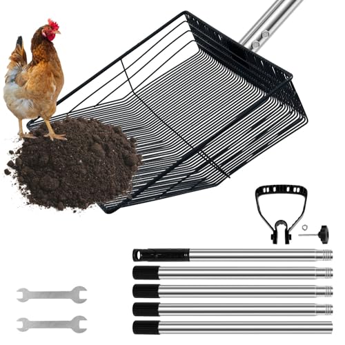 Gatphy Hühnerkotschaufel Metall 38x25cm Hühnerstall Zubehör Siebschaufel mit 4-In-1 Griff Skalierbar 90-190cm Pooper Scooper zum Reinigen von Hühnerställen Ziegenställen Ställen von Gatphy