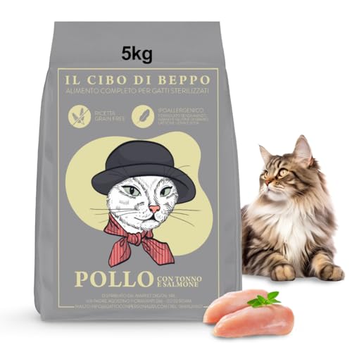 Il Food Di Beppo - Trockenfutter für sterilisierte Katzen – Sterilisierte Katzenfutter ohne hypoallergenes Getreide: Getreidefrei und glutenfrei – Alleinfuttermittel – 5 kg (Huhn mit Thunfisch und von Gatto con Personalità