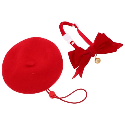 Gatuida Verstellbares Katzenhalsband mit Glöckchen und Roter Filz-Beret Verstellbares Hundehalsband mit Roter Samtfliege Komfortables Bequemes Haustierkostüm-Set für Katzen und Kleine von Gatuida