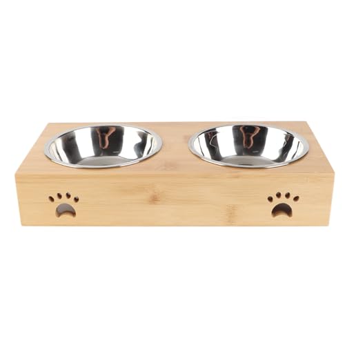 Gavigain Ergonomische Bambus erhöhte Haustierfuttermittel, rostfreie Stahlrostschalen, verstellbare doppelte Fütterungsstation für Katzen und Hunde von Gavigain