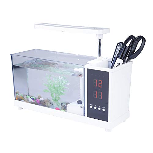 Kleines Aquarium, Mini-Aquarium, USB-Multifunktions-Aquarium Mit Uhrfunktion, LED-Licht-Aquarium-Set Für Betta-Garnelen, Guppys, Goldfische, Beta, Raumdekoration, Desktop(Weiß) von Gavigain