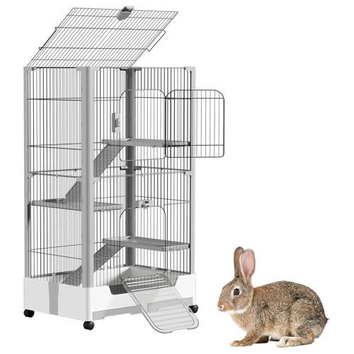 Gaxcent Kaninchenstall 4-Ebenen Mobiler Hasenkäfig 73x50x113cm Kaninchenkäfig mit Schublade & Leiter, Offenem Dach Kleintierkäfig Metall Rattenkäfig für Innen,Weiß von Gaxcent