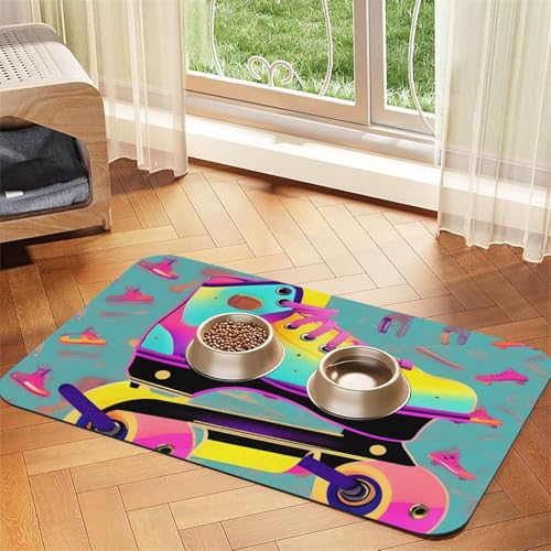 Bunte Futtermatte mit Rollschuh-Aufdruck, saugfähig, rutschfest, PU-Leder, Futtermatte für Hunde und Katzen, Gummiunterseite Bunte Futtermatte mit Rollschuh-Aufdruck, saugfähig, rutschfest, PU-Leder, Futtermatte für Hunde und Katzen, Gummiunterseite von GaxfjRu