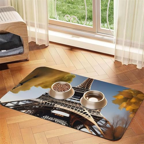 Cityscape Paris Eiffelturm Frankreich Druck Haustierfuttermatte saugfähig rutschfest PU-Leder Futtermatte für Hunde Katzen Gummiunterseite von GaxfjRu