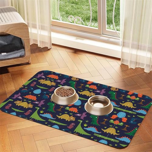 Dinosaurier-Palmblatt-Aufdruck, saugfähig, rutschfest, PU-Leder, Futtermatte für Hunde und Katzen, Gummi-Unterseite Dinosaurier-Palmblatt-Aufdruck, saugfähig, rutschfest, PU-Leder, Futtermatte für Hunde und Katzen, Gummi-Unterseite von GaxfjRu