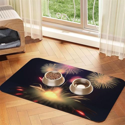 Explosion Fireworks 3D-Druck Haustierfuttermatte, saugfähig, rutschfest, PU-Leder, Futtermatte für Hunde und Katzen, Gummiunterseite von GaxfjRu