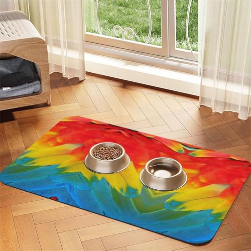 Fantastische Futtermatte mit Papageienfeder-Druck, saugfähig, rutschfest, PU-Leder, Futtermatte für Hunde und Katzen, Gummiunterseite von GaxfjRu