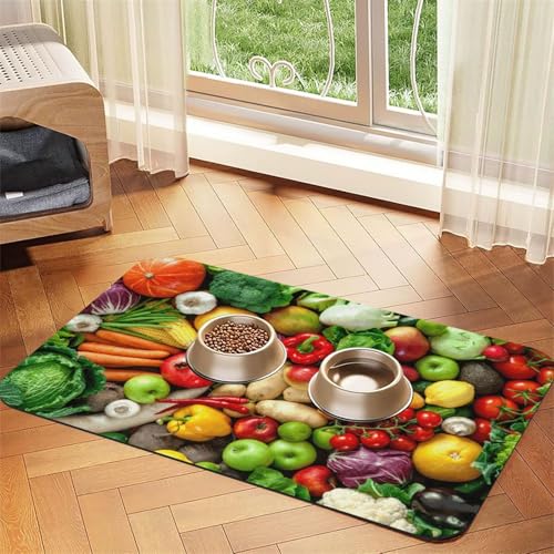 Frisches Obst und Gemüse bedrucktes Haustierfuttermatte, saugfähig, rutschfest, PU-Leder, Futtermatte für Hunde und Katzen, Gummiunterseite Frisches Obst und Gemüse bedrucktes Haustierfuttermatte, saugfähig, rutschfest, PU-Leder, Futtermatte für Hunde und Katzen, Gummiunterseite von GaxfjRu