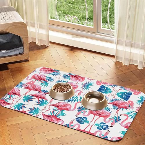Futtermatte für Haustiere, Flamingo, Vogel, Grün, mit Blättern und Pflanzen, saugfähig, rutschfest, Kunstfell, für Hunde und Katzen, Unterseite Futtermatte für Haustiere, Flamingo, Vogel, Grün, mit Blättern und Pflanzen, saugfähig, rutschfest, Kunstfell, für Hunde und Katzen, Unterseite von GaxfjRu