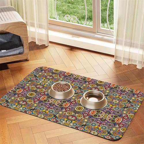 Futtermatte für Haustiere, Motiv: Ethnische Kreise, Blumenmuster, saugfähig, rutschfest, PU-Leder, für Hunde und Katzen, Gummiunterseite Futtermatte für Haustiere, Motiv: Ethnische Kreise, Blumenmuster, saugfähig, rutschfest, PU-Leder, für Hunde und Katzen, Gummiunterseite von GaxfjRu