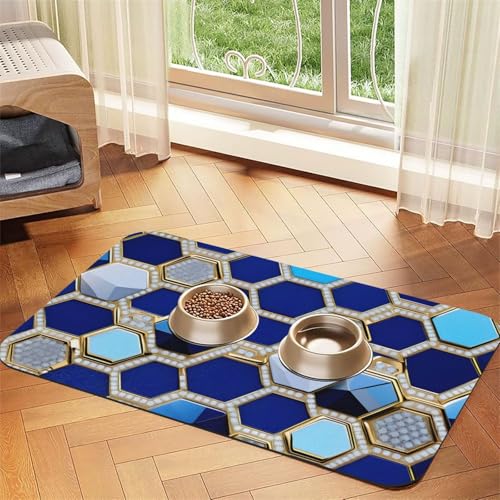 Futtermatte für Haustiere, Motiv: blaue Sechsecke und Rautenmuster, saugfähig, rutschfest, PU-Leder, für Hunde und Katzen, Gummiunterseite von GaxfjRu