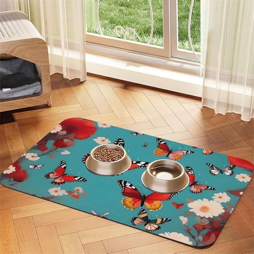 Futtermatte für Hunde und Katzen, Motiv: Henne fliegende Schmetterlinge unter Blumen, saugfähig, rutschfest, PU-Leder, Gummiunterseite Futtermatte für Hunde und Katzen, Motiv: Henne fliegende Schmetterlinge unter Blumen, saugfähig, rutschfest, PU-Leder, Gummiunterseite von GaxfjRu