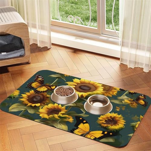 Futtermatte für Hunde und Katzen, Motiv: Sonnenblumen, Schmetterlinge, saugfähig, rutschfest, PU-Leder, Gummiunterseite Futtermatte für Hunde und Katzen, Motiv: Sonnenblumen, Schmetterlinge, saugfähig, rutschfest, PU-Leder, Gummiunterseite von GaxfjRu