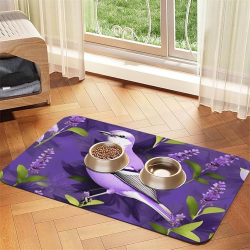 Futtermatte für Hunde und Katzen, Motiv: Vogel in violettem Lavendel, Blumendruck, saugfähig, rutschfest, PU-Leder, Unterseite aus Gummi Futtermatte für Hunde und Katzen, Motiv: Vogel in violettem Lavendel, Blumendruck, saugfähig, rutschfest, PU-Leder, Unterseite aus Gummi von GaxfjRu