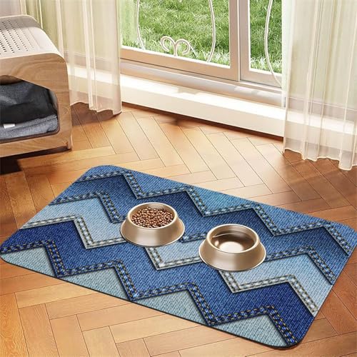 Futtermatte für Hunde und Katzen, saugfähig, rutschfest, PU-Leder, mit blauem Denim-Druck, Gummiunterseite von GaxfjRu