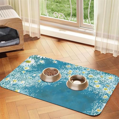 Futtermatte mit Gänseblümchen-Aufdruck, saugfähig, rutschfest, PU-Leder, Futtermatte für Hunde und Katzen, Gummiunterseite, Weiß / Blau Futtermatte mit Gänseblümchen-Aufdruck, saugfähig, rutschfest, PU-Leder, Futtermatte für Hunde und Katzen, Gummiunterseite, Weiß / Blau von GaxfjRu