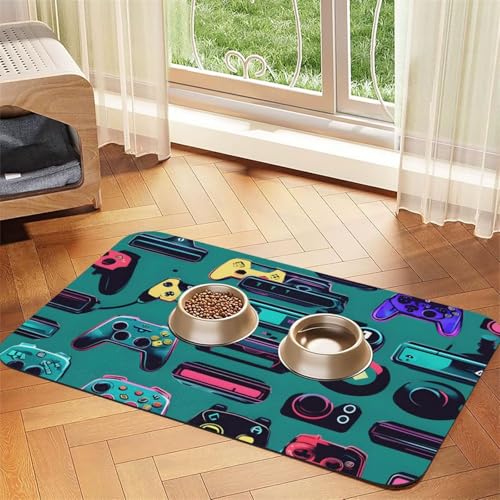 Futtermatte mit Gaming-Controller-Muster, saugfähig, rutschfest, PU-Leder, für Hunde und Katzen, Gummi-Unterseite von GaxfjRu