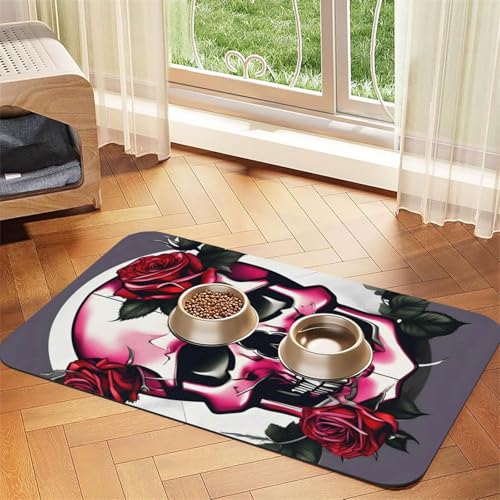 Futtermatte mit Rosen-Schädel-Aufdruck, saugfähig, rutschfest, PU-Leder, Futtermatte für Hunde und Katzen, Gummiunterseite Futtermatte mit Rosen-Schädel-Aufdruck, saugfähig, rutschfest, PU-Leder, Futtermatte für Hunde und Katzen, Gummiunterseite von GaxfjRu