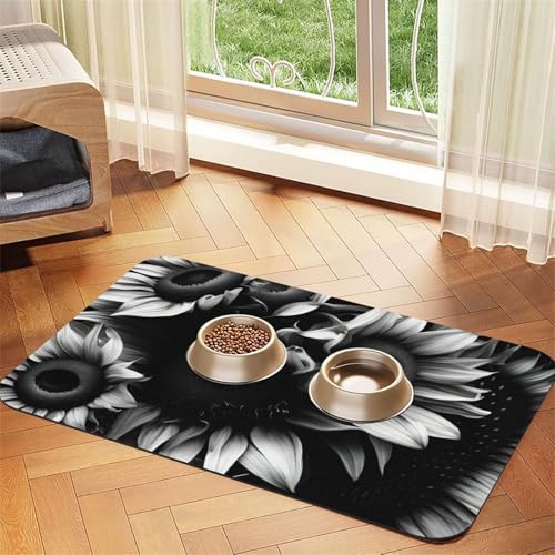 Futtermatte mit Sonnenblumen-Motiv, saugfähig, rutschfest, PU-Leder, für Hunde und Katzen, Gummi-Unterseite, Schwarz und Weiß von GaxfjRu