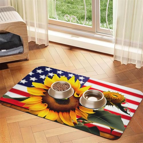 Futtermatte mit Sonnenblumen- und amerikanischer Flagge, saugfähig, rutschfest, PU-Leder, für Hunde und Katzen, Gummiunterseite Futtermatte mit Sonnenblumen- und amerikanischer Flagge, saugfähig, rutschfest, PU-Leder, für Hunde und Katzen, Gummiunterseite von GaxfjRu