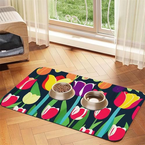 Futtermatte mit buntem Tulpenmuster, saugfähig, rutschfest, PU-Leder, Futtermatte für Hunde und Katzen, Gummi-Unterseite von GaxfjRu