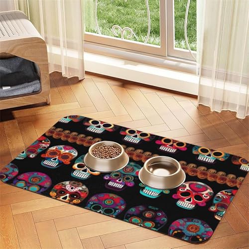Futtermatte mit mexikanischem Totenkopf-Aufdruck, saugfähig, rutschfest, PU-Leder, Futtermatte für Hunde und Katzen, Gummiunterseite von GaxfjRu