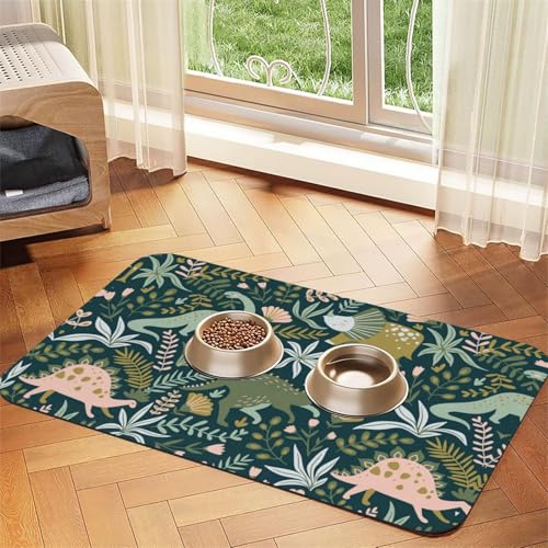 Futtermatte mit niedlichem Dinosaurier-Druck, saugfähig, rutschfest, PU-Leder, für Hunde und Katzen, Gummi-Unterseite Futtermatte mit niedlichem Dinosaurier-Druck, saugfähig, rutschfest, PU-Leder, für Hunde und Katzen, Gummi-Unterseite von GaxfjRu