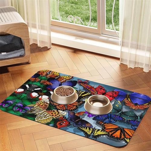Handgezeichnete Futtermatte mit Schmetterlings-Druck, saugfähig, rutschfest, PU-Leder, Futtermatte für Hunde und Katzen, Gummiunterseite von GaxfjRu